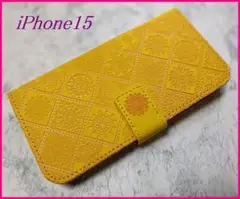 iPhone15 用 手帳型 ケース 浮き彫り調 アラベスク イエロー 黄色