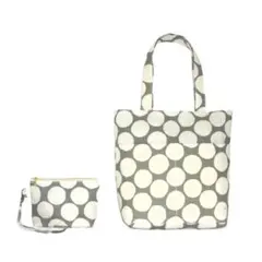 ◆マカロンドット◆白ドット×グレージュ◆外ポケ④くったりトート＆ポーチ②点セット