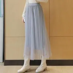 チュールスカート レース グレー プリーツスカート L 3層 ブラック FB11