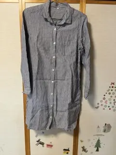 【無印良品】シャツワンピース・シマ 麻素材 Lサイズ