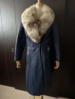 ☆ヴィンテージ　ブルー　革ロングコート　リアルフォックスファー☆