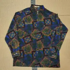 【美品】BAZZ UOMO 総柄 幾何学 スタンドカラーシャツ レトロ 日本製