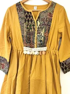 エスニックロングワンピース 綿100% 民族 マスタード アジアン★新品未使用★