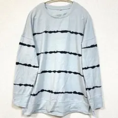 ロンT 【L】 くすみブルー 細ボーダー ブラック 長袖 黒 クルーネック