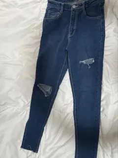 濃紺 ハイウエスト スキニージーンズ ダメージ加工