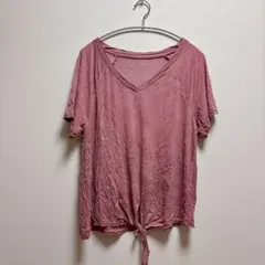 1点物✨【M】Vネック 半袖 Tシャツ カットソー ピンク 裾リボン