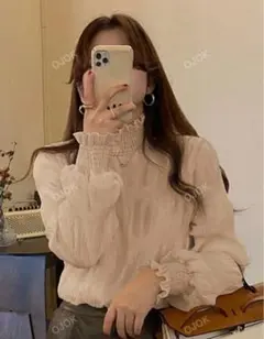 無地 フリル襟 長袖 プリーツ ゆったりブラウス 秋服 秋コーデ ふわふわ