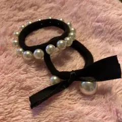 パール付きブラックヘアゴム2個セット