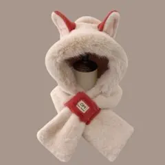 3点一体マフラー レディース キツネの耳 一体型 スカーフ　帽子　もこもこ