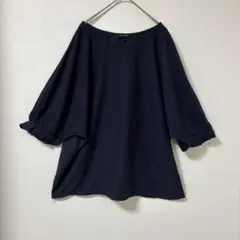 ネイビー バルーンスリーブ 五分袖トップス　3L 大きいサイズ