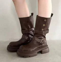 ブラウン レザー ブーツ 厚底 24.5cm