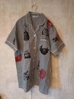 古着　ストライプシャツ　Cat ＆FRUITS　猫　オープンカラー　M