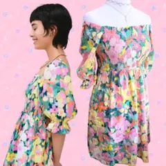 大屋夏南着用 リネン混 水彩花柄 シャーリング パフ袖 2WAY 夏ワンピースのサムネイル