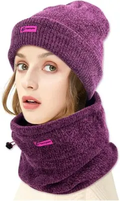 【セットでお得】ニット帽子 ネックウォーマー 男女兼用 防寒 パープル