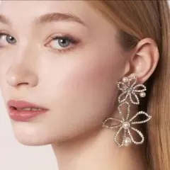 大ぶりピアス ダブルフラワー ラインストーン パール 披露宴 結婚式 発表会