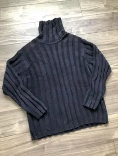 オールドGAPコットンニットタートルネック　ネイビー　太畝　ストライプ