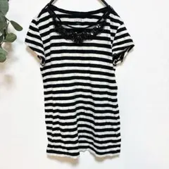 LOFT【XS】ブラックホワイトストライプ 半袖Tシャツ ビーズ キラキラ 上品のサムネイル