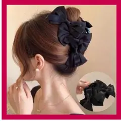 バンスクリップ ダブルリボン 大きめ リボン ブラック サテン ヘアクリップ