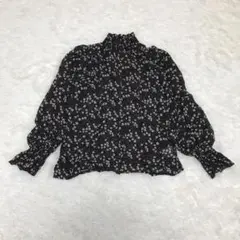 シアーシャツ シアーブラウス レトロ 花柄 ハイネック フリル 袖 長袖 春 黒