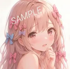 女の子イラスト ピンクベージュ髪 リボン 恥じらい表情 オフショル No.167