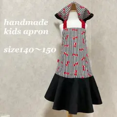 ハンドメイド　キッズエプロン三角巾巾着　リボンストライプ　140〜150 女の子
