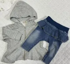 petit main フード付きジャケットとデニムパンツセット 70cm80cm