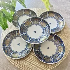献上古伊万里　取り皿　五枚セット　藍　ブルー　金彩　和食器　ケーキ皿　菓子皿
