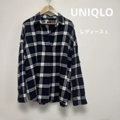 UNIQLO フランネルチェックスキッパーシャツ（長袖） レディースL ブルー系