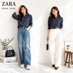 【​美品】ZARA ザラ 総柄 スリムフィットシャツ 長袖 黒 M 着痩せ◎のサムネイル