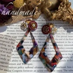 ヴィンテージボタン×カラフルモザイク柄★ピアス★イヤリング