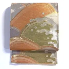 5k2201 袋帯　絹　唐織　金色　銀色　橙色　紫　緑　柄物　和装　着物