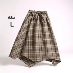 ikka ロングスカート チェック アシンメトリー Lブラウン系 ウエストリボン