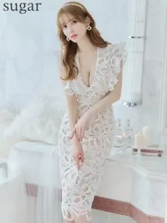 キャバドレス ERUKEI ケミカルレース Vネック タイトミディアムドレス