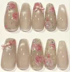 現品1点のみ♡ネイルチップ　ちゅるんマグベージュ　ローズリボン　ワンホン韓国風