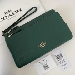 COACH コーチ　ダブルジップポーチ　長財布　リストレット ダークパイン　緑色