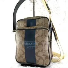 コーチ シグネチャーキャンバス PVC ショルダーバッグ ブラウン×ネイビー