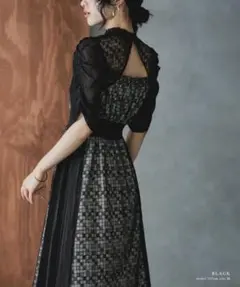 レース×オーガンジーサイドプリーツチェックフレアロング丈 結婚式 ワンピース