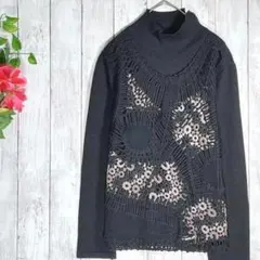 【オッジ】 ニット セーター トップス ハイネック 異素材 総柄 黒 XL