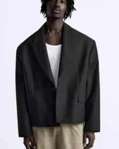 【zara】 クロップド　テーラードジャケット　黒　ボックスシルエット