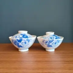 蓋付き飯碗 夫婦茶碗　2客セット ブルーローズ柄　昭和レトロ　陶一