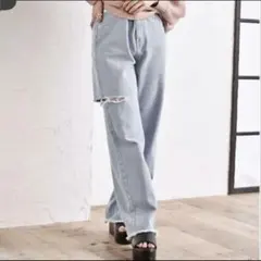 ems excite ハイウエスト ダメージデニムパンツ ライトブルー