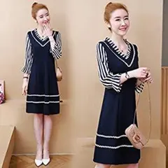 6L 新品 長袖フレアワンピース 紺 大きいサイズ レディース Aライン ひざ丈