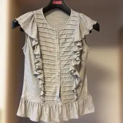 麻100% レディース ノースリーブ チュニック グレー フリルのサムネイル