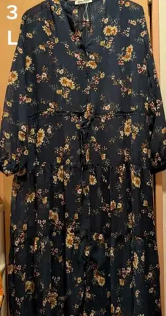 【未使用】花柄シフォンワンピース 七分袖・ インナー・タグ付 （3Ｌ）