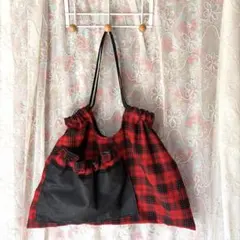 タータンチェックバック❣️手作り前ポケット付きエコバッグ❣️肩掛けバック