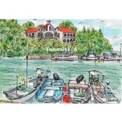 原画一点物　「岬の洋館」　＜ペンスケッチ＋透明水彩＞