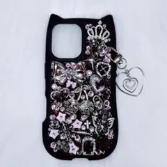 iPhone16ケース デコ電 デコケース 黒 猫耳 地雷系 ゴスロリ ギャル