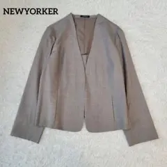 【美品】ニューヨーカー ノーカラージャケット 19号 グレージュ 大きいサイズ