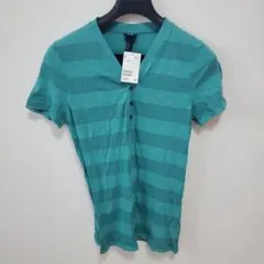 エイチアンドエム　新品ヘンリーネックTシャツ　ボーダー　グリーン
