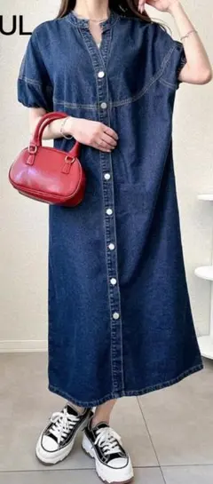 デニムボタンロングワンピース